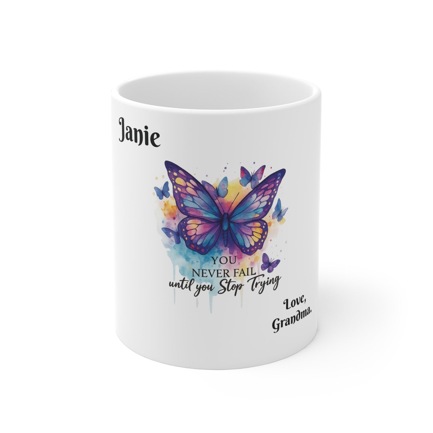 YOU NEVER FAIL - Inspirational Butterfly Mug, Colorful Butterfly Coffee Cup, Motivational Gift for Friends, Perfect for Birthdays, Office Decor, Butterfly Lover Gift