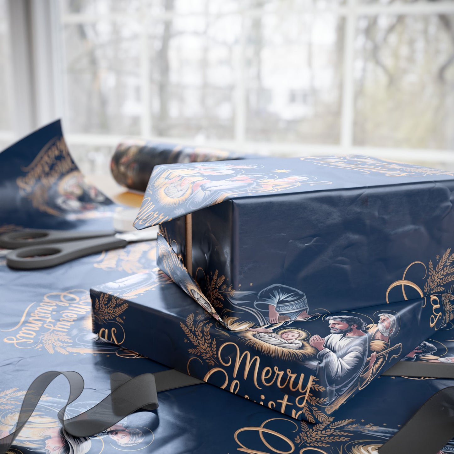 Nativity Christmas Wrapping Paper - Blue Background