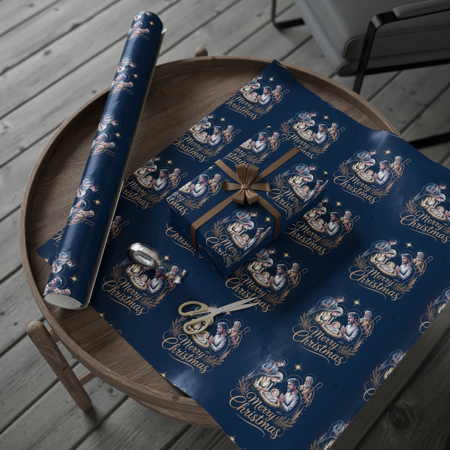 Nativity Christmas Wrapping Paper - Blue Background