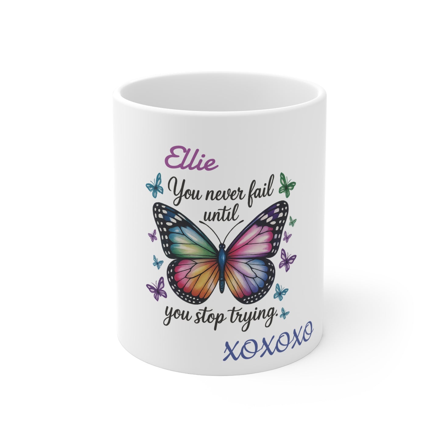 YOU NEVER FAIL - Inspirational Butterfly Mug, Colorful Butterfly Coffee Cup, Motivational Gift for Friends, Perfect for Birthdays, Office Decor, Butterfly Lover Gift