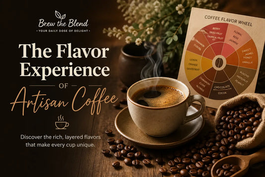 Cup of coffee with a flavor wheel and beans on a wooden table, featuring 'Brew the Blend' branding.