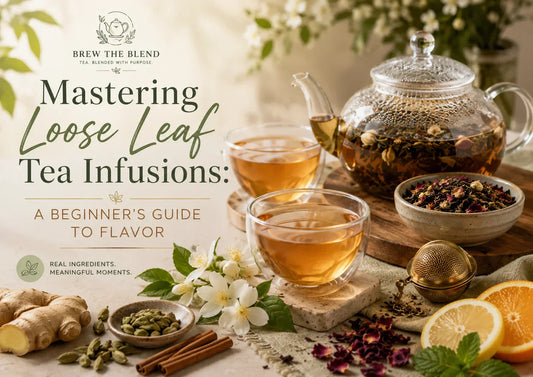 Loose-leaf tea infusion guide with teapot, brewed tea, tea leaves, citrus, ginger, cinnamon, cardamom, and tea infuser.