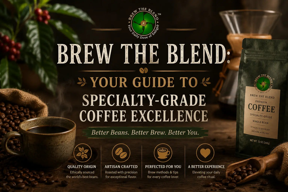 Brew the Blend specialty-grade coffee guide with coffee beans, brewed coffee, pour-over equipment, and premium coffee bag.