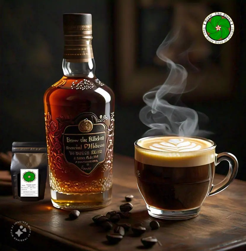 A bottle of Brave the Bitter Bean espresso coffee mix stands next to a steaming cup of espresso with latte art on a wooden table, with scattered coffee beans and a small jar of the product mix.