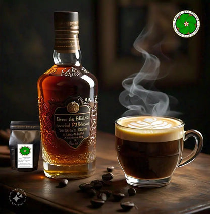 A bottle of Brave the Bitter Bean espresso coffee mix stands next to a steaming cup of espresso with latte art on a wooden table, with scattered coffee beans and a small jar of the product mix.