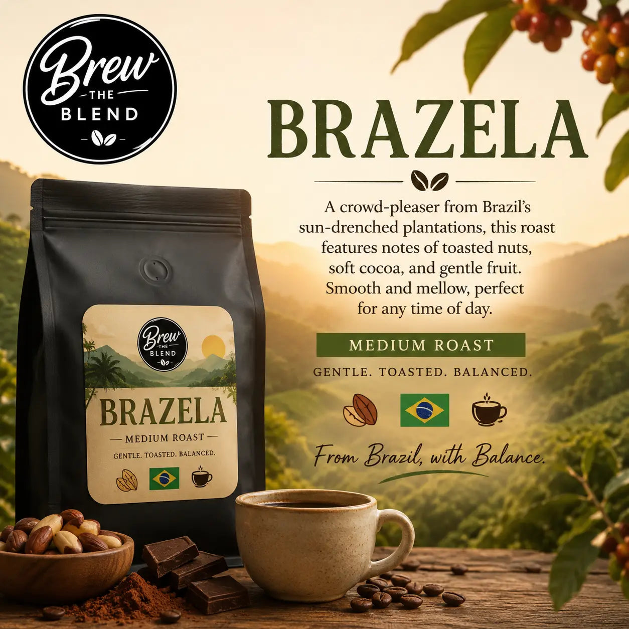 Brazela medium roast coffee bag with Brazilian coffee farm landscape, brewed coffee, coffee beans, toasted nuts, cocoa, and chocolate.