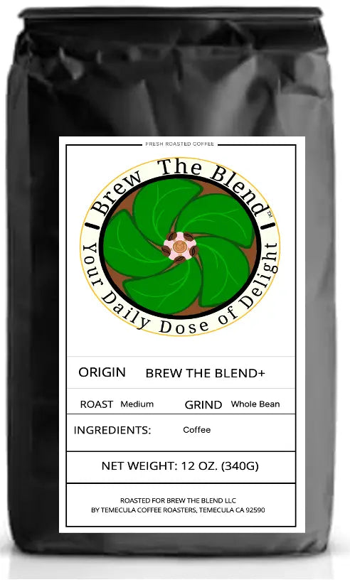 Coffee bag with a label featuring a green leaf design and text on a black background