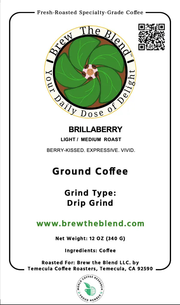 A coffee product label for Brew The Blend's Brillaberry light-to-medium roast ground coffee. The label features a circular green and brown logo with a flower in the center, black text detailing the coffee's characteristics, a QR code, and brewing information.