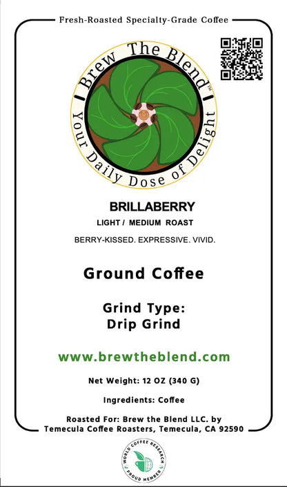 A coffee product label for Brew The Blend's Brillaberry light-to-medium roast ground coffee. The label features a circular green and brown logo with a flower in the center, black text detailing the coffee's characteristics, a QR code, and brewing information.