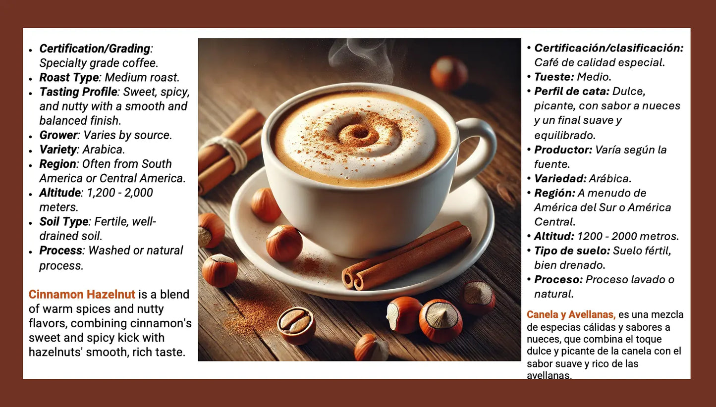 A coffee product information card in Spanish, featuring a steaming cup of cappuccino with cinnamon sticks and coffee beans, alongside text detailing the coffee's origin, roast, and flavor profile.