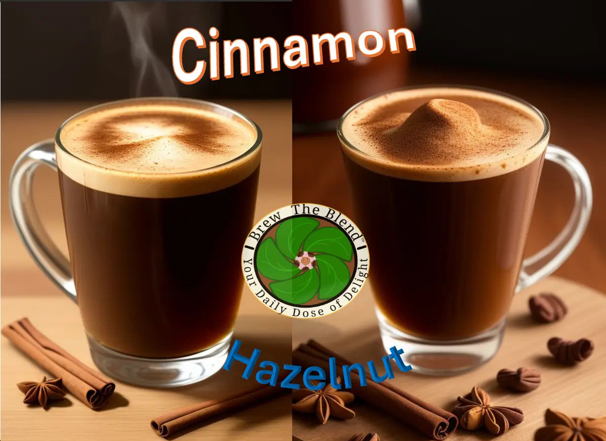 Two mugs of dark coffee with creamy foam on a wooden surface, surrounded by cinnamon sticks and star anise. The image is split into two halves labeled 'Cinnamon' and 'Hazelnut' with a circular logo in the center reading 'The Blend You Daily Dose of Coffee'.