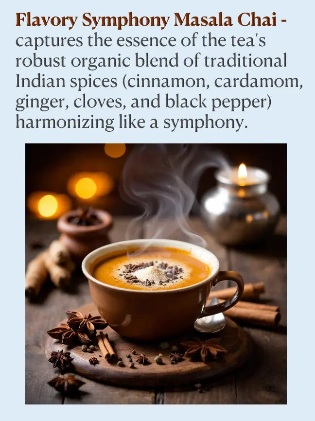 A text-heavy product graphic for Flavoury Symphony Masala Chai. The top text describes the tea blend with cinnamon, cardamom, ginger, cloves, and black pepper.