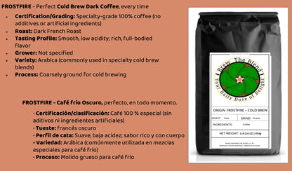 Frostfire coffee bag with product details on a brown background
