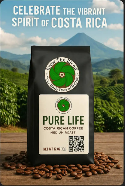 Coffee bag labeled 'Pure Life Costa Rican Coffee' with a scenic background of mountains and coffee plants.