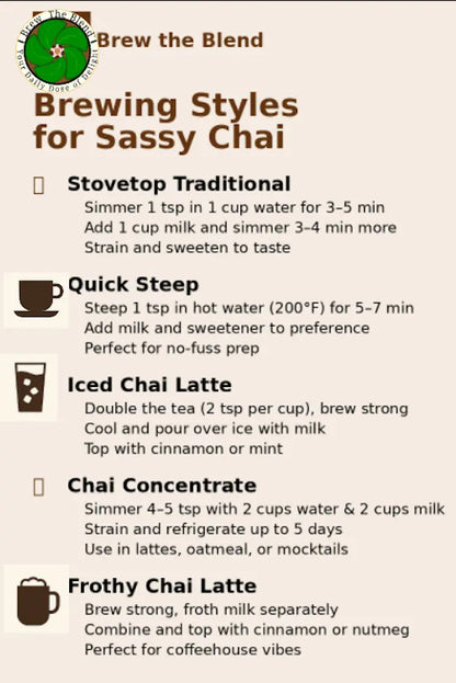 A beige and brown infographic titled 'Brewing Styles for Sassy Chai' with five labeled methods: Stovetop Traditional, Quick Steep, Iced Chai Latte, Chai Concentrate, and Frothy Chai Latte, each with instructions and small cup icons.