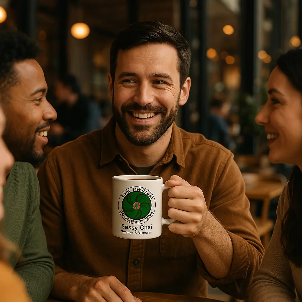 A smiling man in a brown shirt holds a white ceramic mug with a green and black circular graphic and the text 'Sassy Chai Spicing & Smiles' in a cozy cafe setting with two women around him.