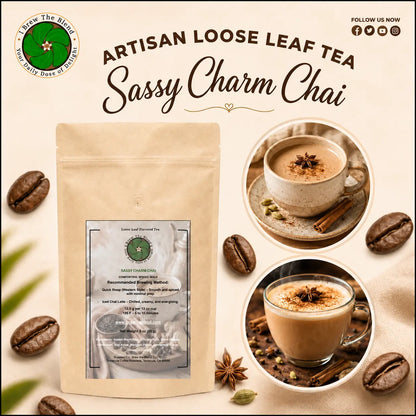 A kraft stand-up pouch of artisan loose leaf tea labeled 'Sassy Charm Chia' is shown on a warm beige background with coffee beans, spice illustrations, and two circular photos of brewed tea drinks. Brand logo 'The Root of the Hiccups' is visible in the top left.