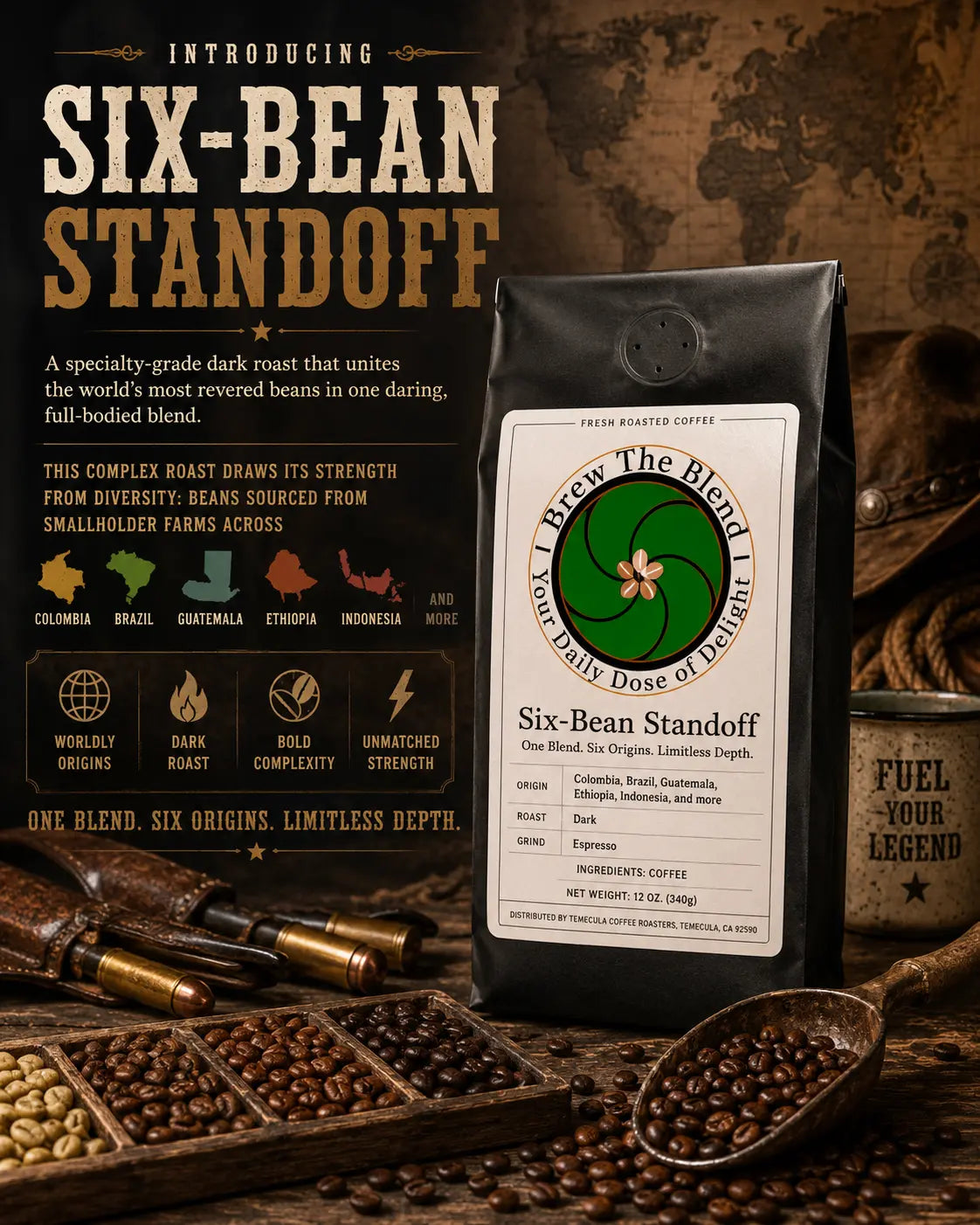 LavaLoom Bali medium-dark coffee bag with volcanic Bali landscape, coffee beans, dark chocolate, molasses, and vanilla.