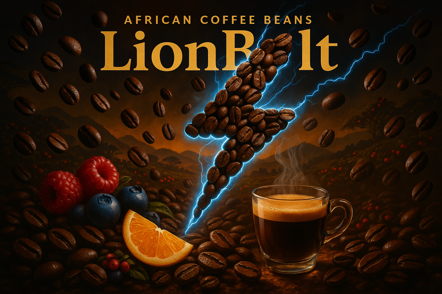LionBolt Blend - Ethiopian, Kenyan & Tanzanian Coffee Beans
Unleash your mornings with LionBolt Blend, a powerhouse espresso crafted from high-altitude African beans. Sourced from Ethiopia, Kenya, and Tanzania, this blend strikes with bold intensity and fruity brightness. It offers a clean, complex finish, perfect for espresso lovers seeking bold, electrifying flavor. The robust espresso base balances acidity and sweetness beautifully.