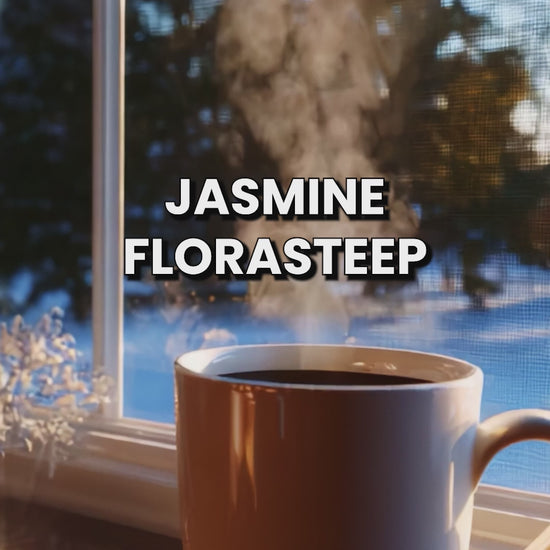 Jasmine FloraSteep—a calming blend of premium green tea leaves and fragrant jasmine blossoms. This light, floral tea offers a silky mouthfeel and subtle natural sweetness that lifts the senses without overwhelming the palate. Ideal for multiple steepings, it reveals a soft, tranquil complexity with each cup.