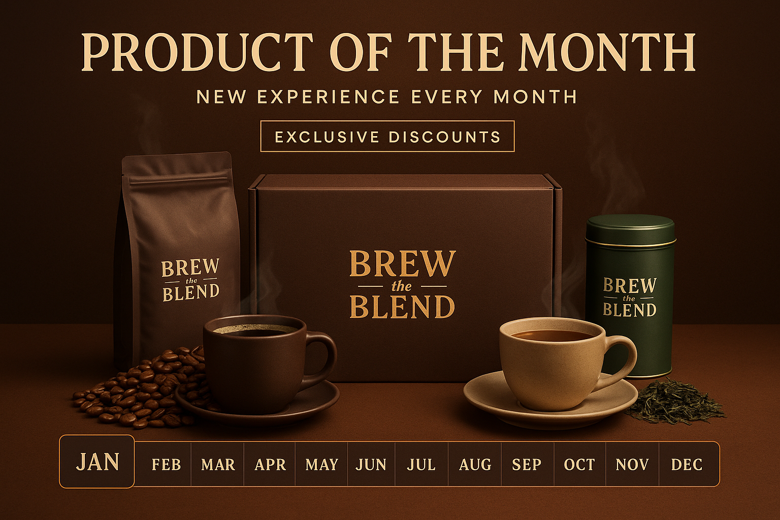 The product of the month can be any of the different coffee or teas. Each month unveils a new coffee or tea experience and exclusive discounts.
